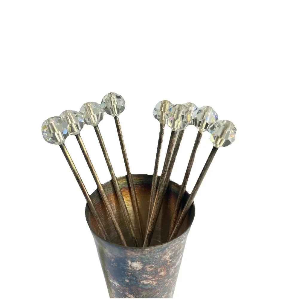 Vintage Silver Plate 1) holder & 9 Hatpins / Cocktail picks / Appetizer picks